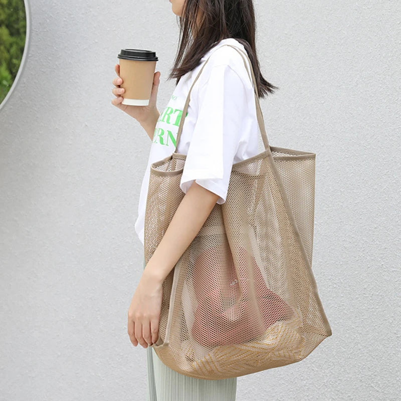 Mesh Tote Bag Spacious Design For Women | Jorina Khaki 40x14x39cm