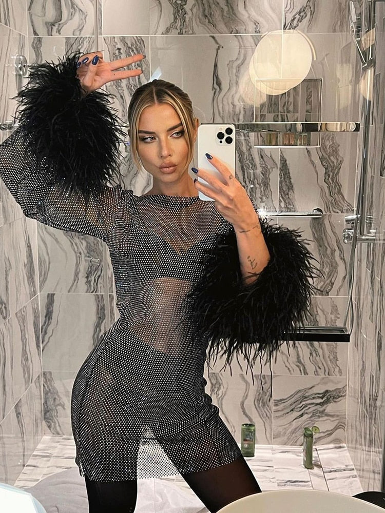 Metallic Mini Evening Dress with Feathers For Women | Zylara