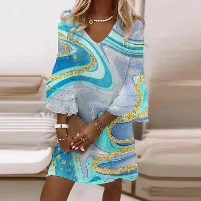 Mini Dress with V-Neck and Flared Three-Quarter Sleeves for Women | Claudia Blue