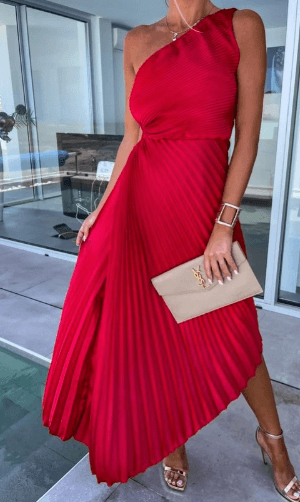 Mira | One-Shoulder Pleated Cocktail Dress Red