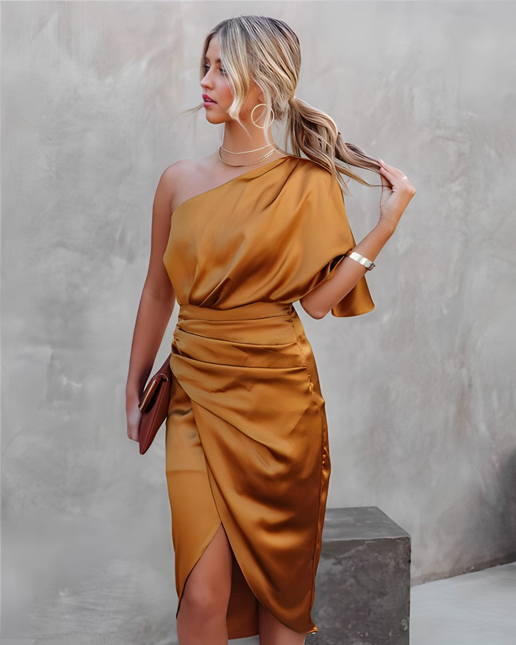 Mira | One Shoulder Ruched Midi Wedding Guest Dress Orange
