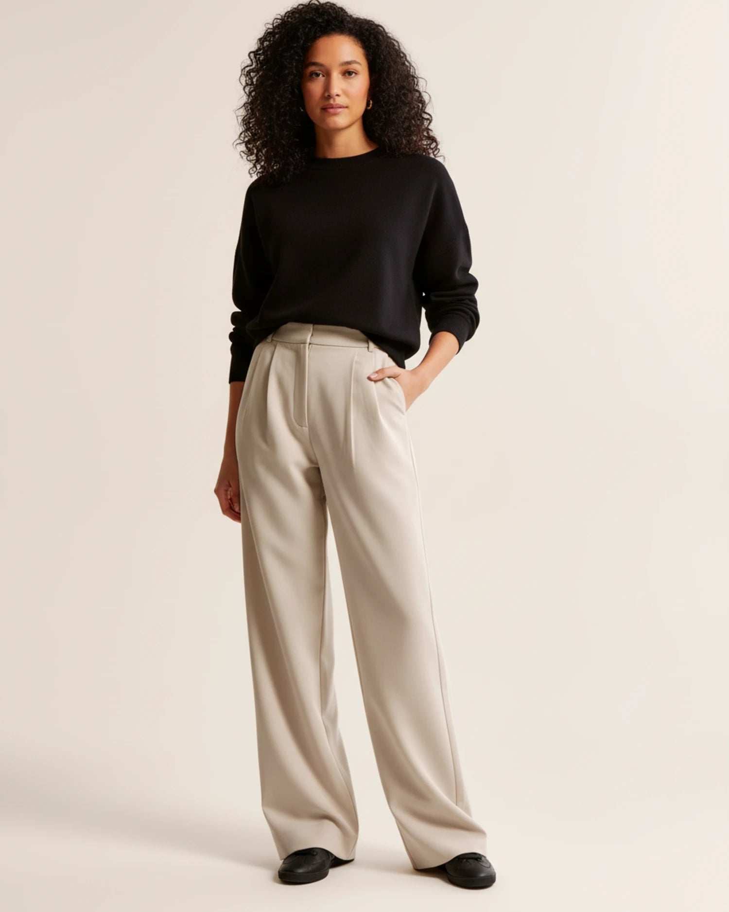Mova | High Waist Pleated Leg Trousers Beige