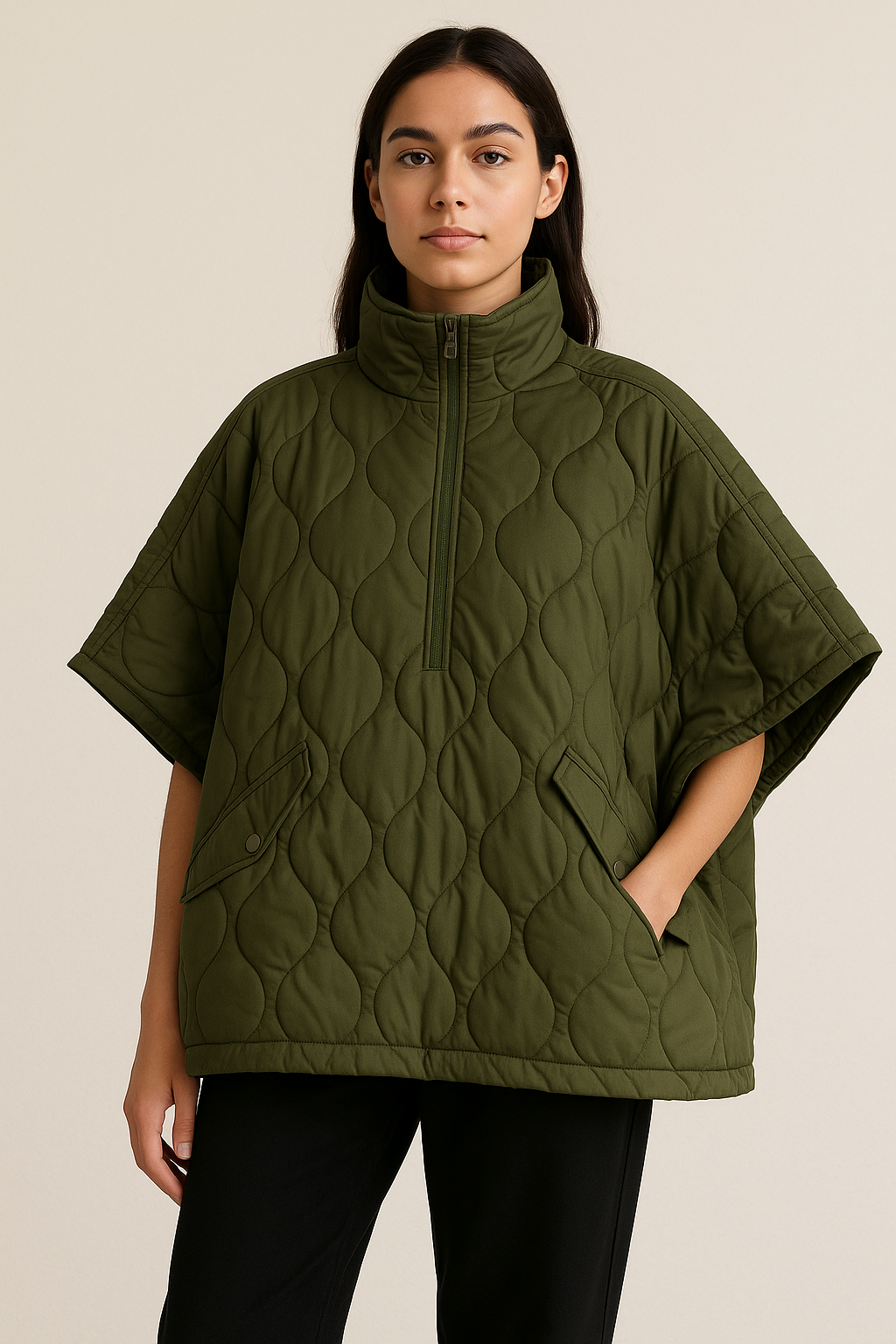 Quilted Cape Winter Coat Stylish Design for Women | Noelle Green
