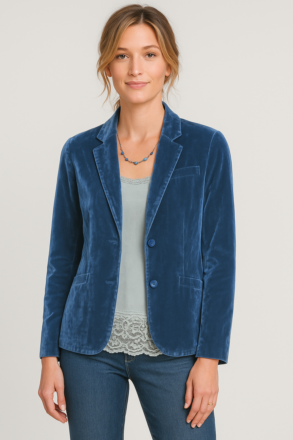 Velvet Slim-Fit Blazer Single Breasted for Women | Noémie Blue