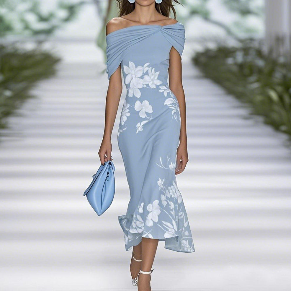 Off Shoulder Floral Print Midi Dress for Women | Zylara Blue
