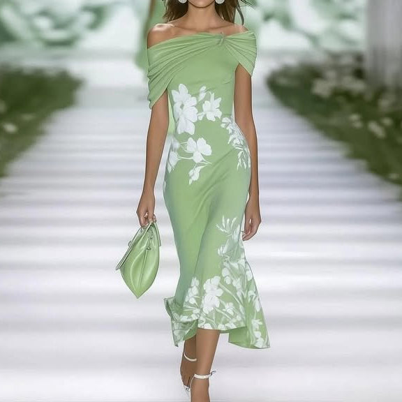 Off Shoulder Floral Print Midi Dress for Women | Zylara Green