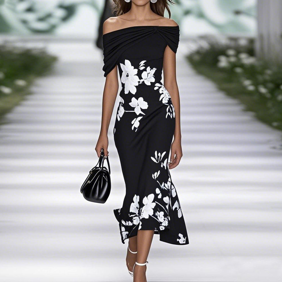 Off Shoulder Floral Print Midi Dress for Women | Zylara Black