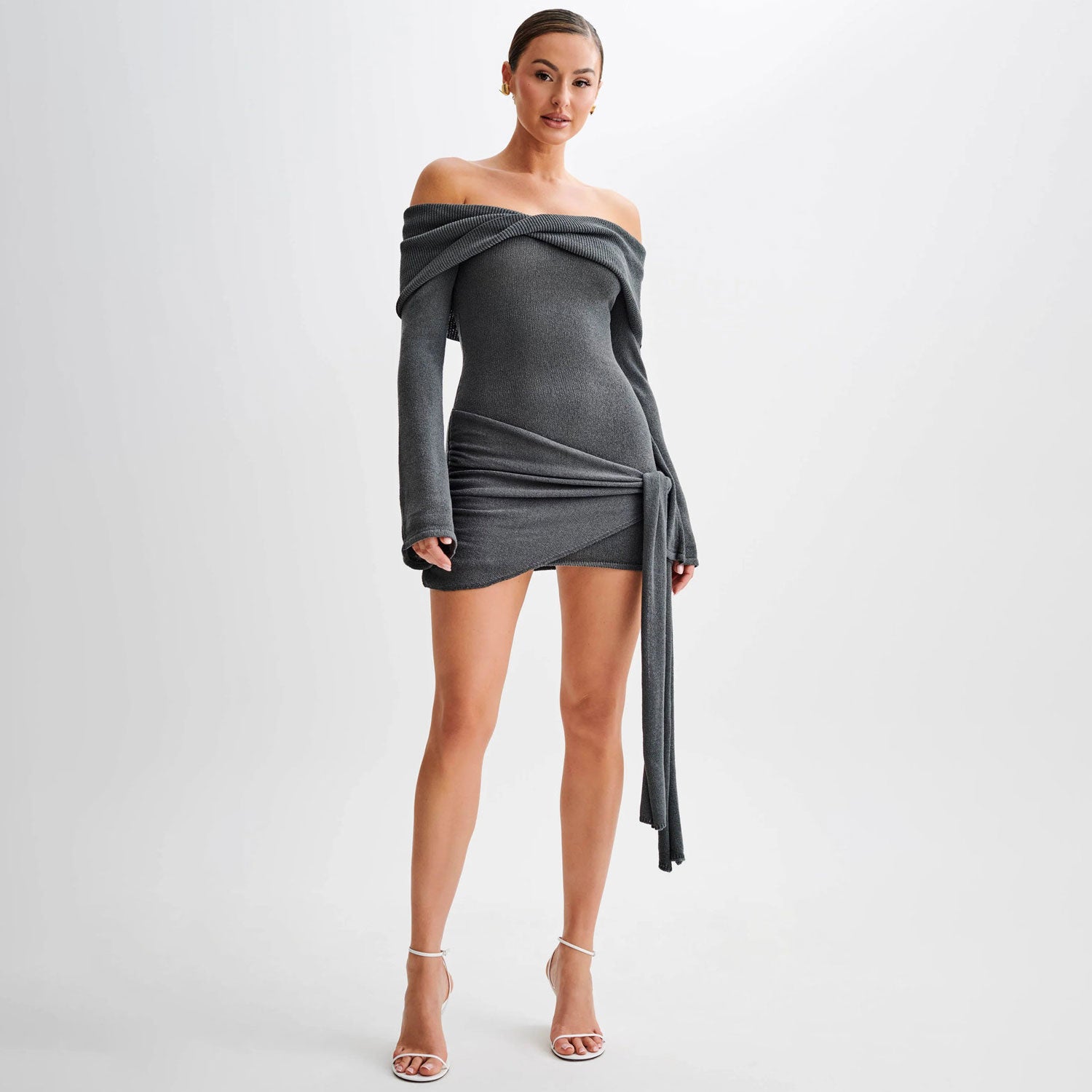 Off-Shoulder Knitted Mini Dress with Side Tie for Women | Moira Gray