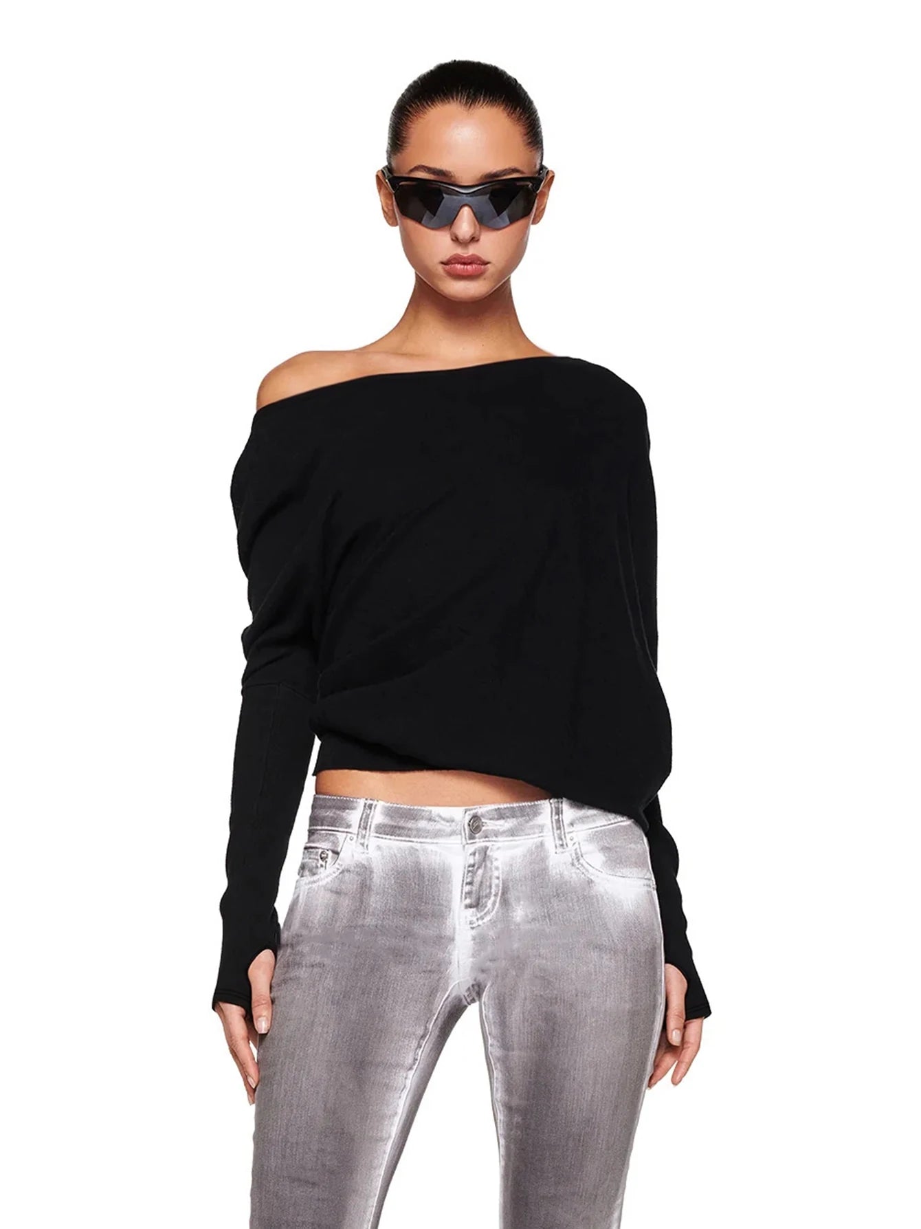 Off-Shoulder Long Sleeve Knit Top for Women | Lyka Black