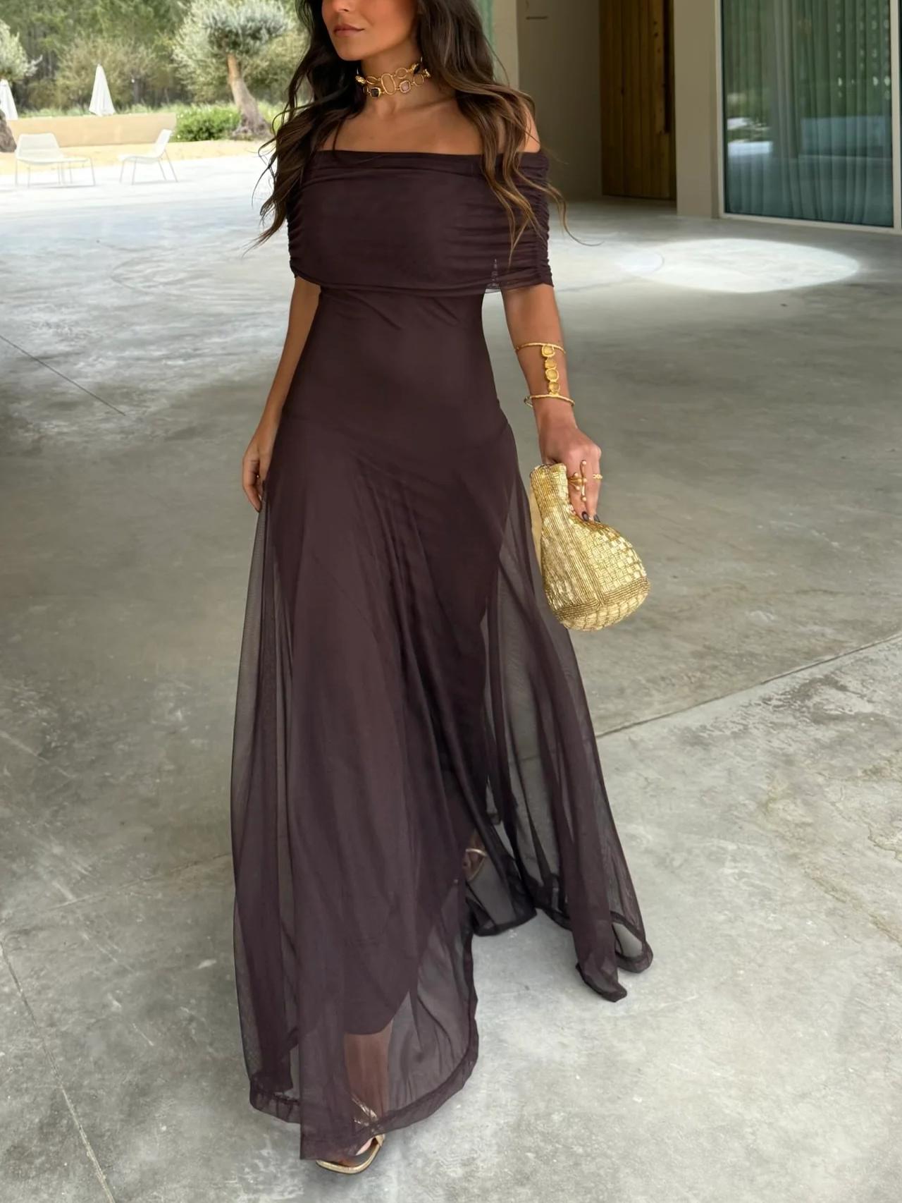Off Shoulder Chiffon Maxi Dress For Women | Lirena Brown