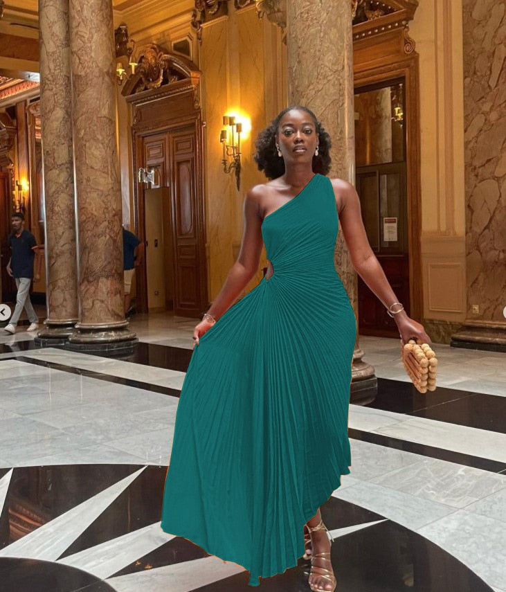 One-Shoulder Floor-Length Evening Gown for Women | Virelle Peacock blue