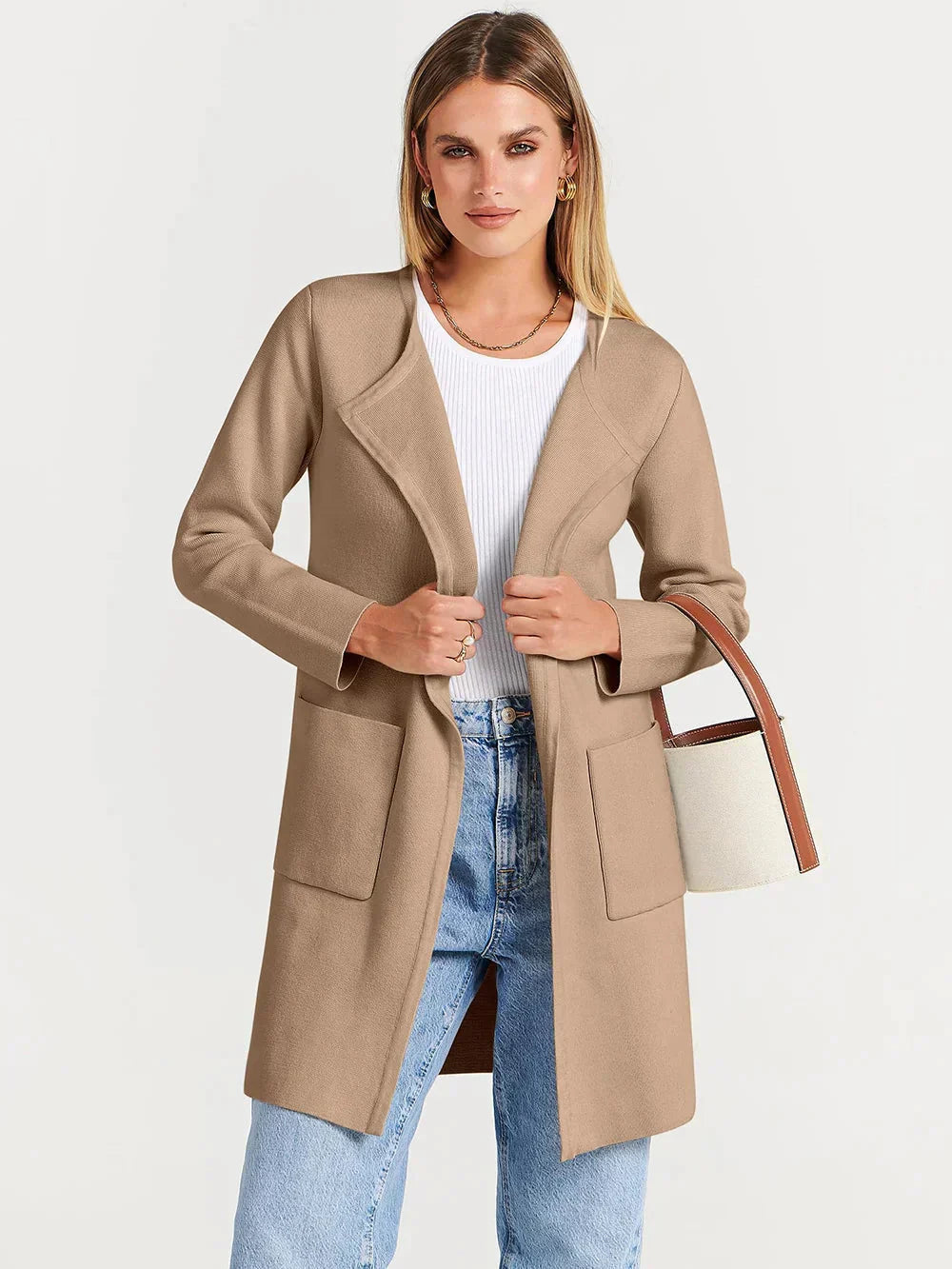 Open-Front Wool Blend Long Coat for Women | Criselda Khaki