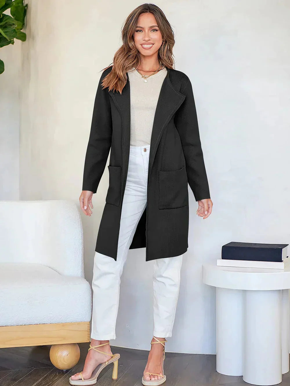 Open-Front Wool Blend Long Coat for Women | Criselda
