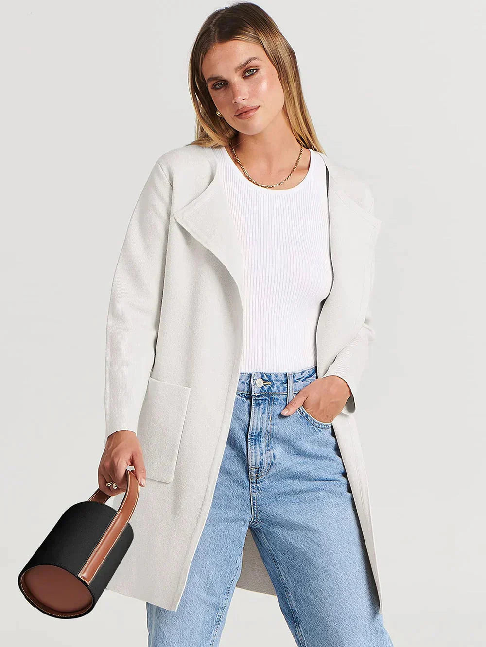 Open-Front Wool Blend Long Coat for Women | Criselda White