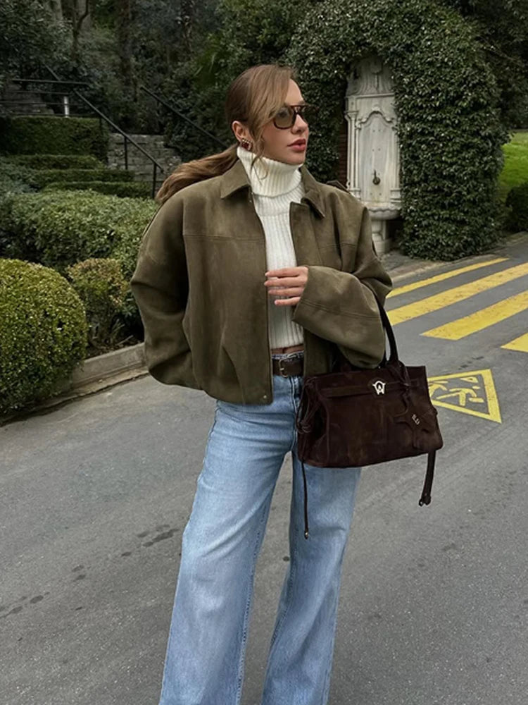 Oversized Faux Suede Bomber Jacket for Women | Amanda green