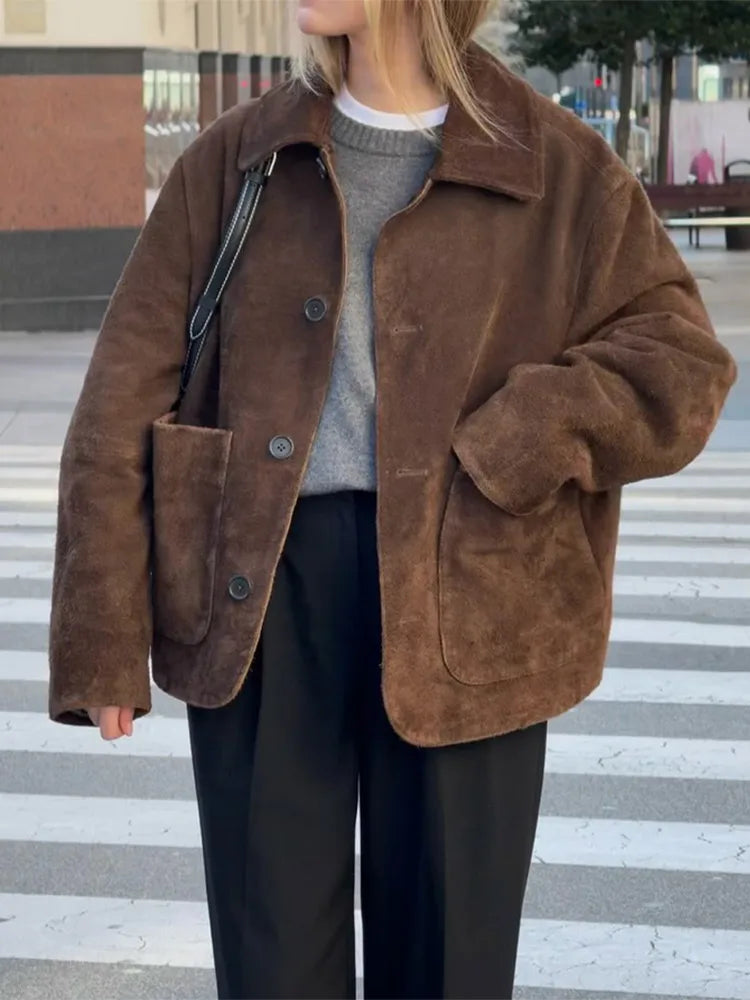 Oversized Faux Suede Bomber Jacket for Women | Amanda brown