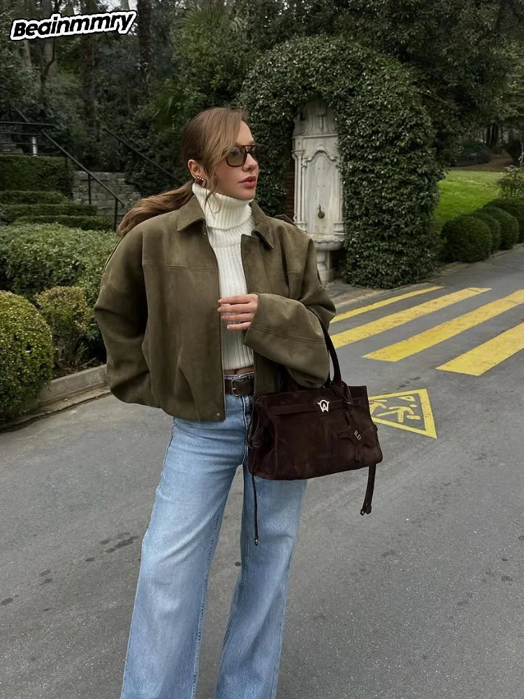 Oversized Faux Suede Bomber Jacket for Women | Amanda