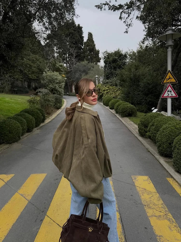 Oversized Faux Suede Bomber Jacket for Women | Amanda