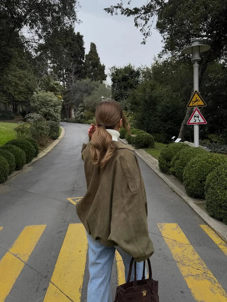 Oversized Faux Suede Bomber Jacket for Women | Amanda