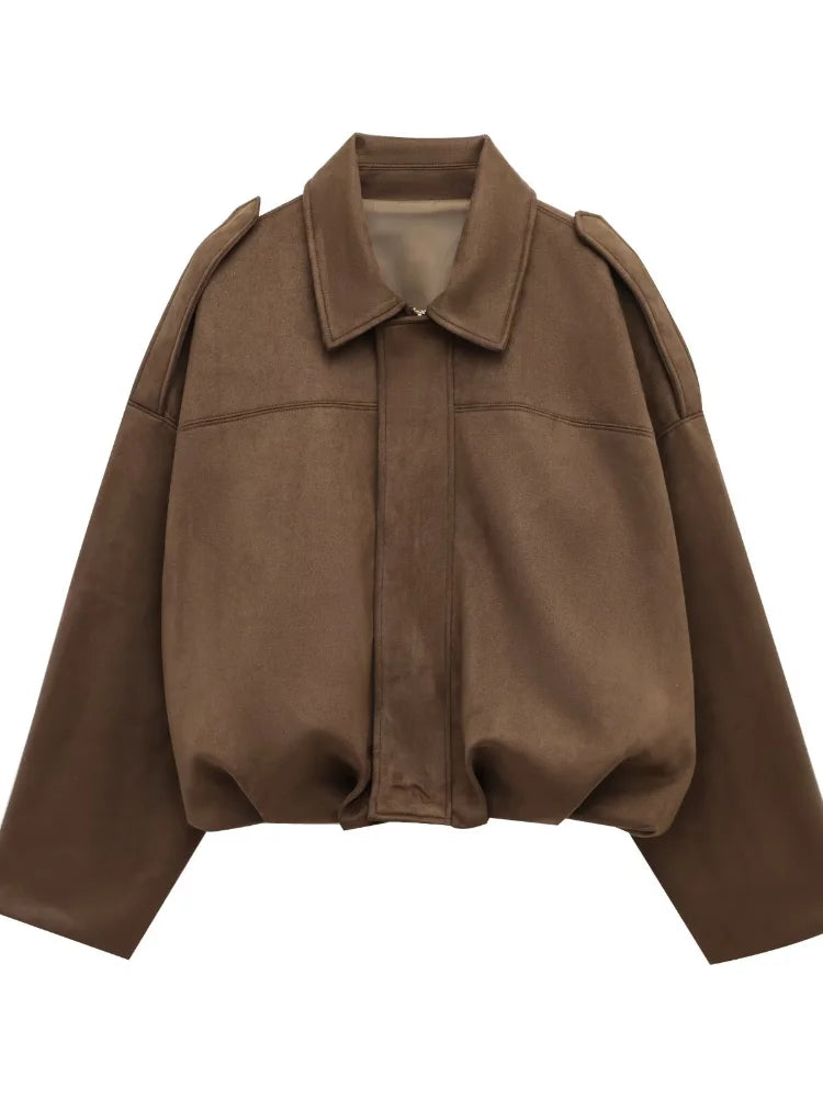Oversized Faux Suede Bomber Jacket for Women | Amanda brown 3