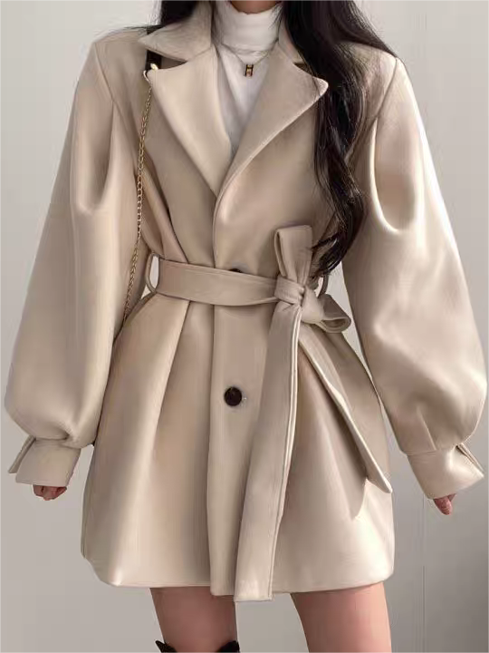 Paffo | Puff Sleeve Belted Short Coat Beige