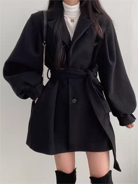 Paffo | Puff Sleeve Belted Short Coat Black
