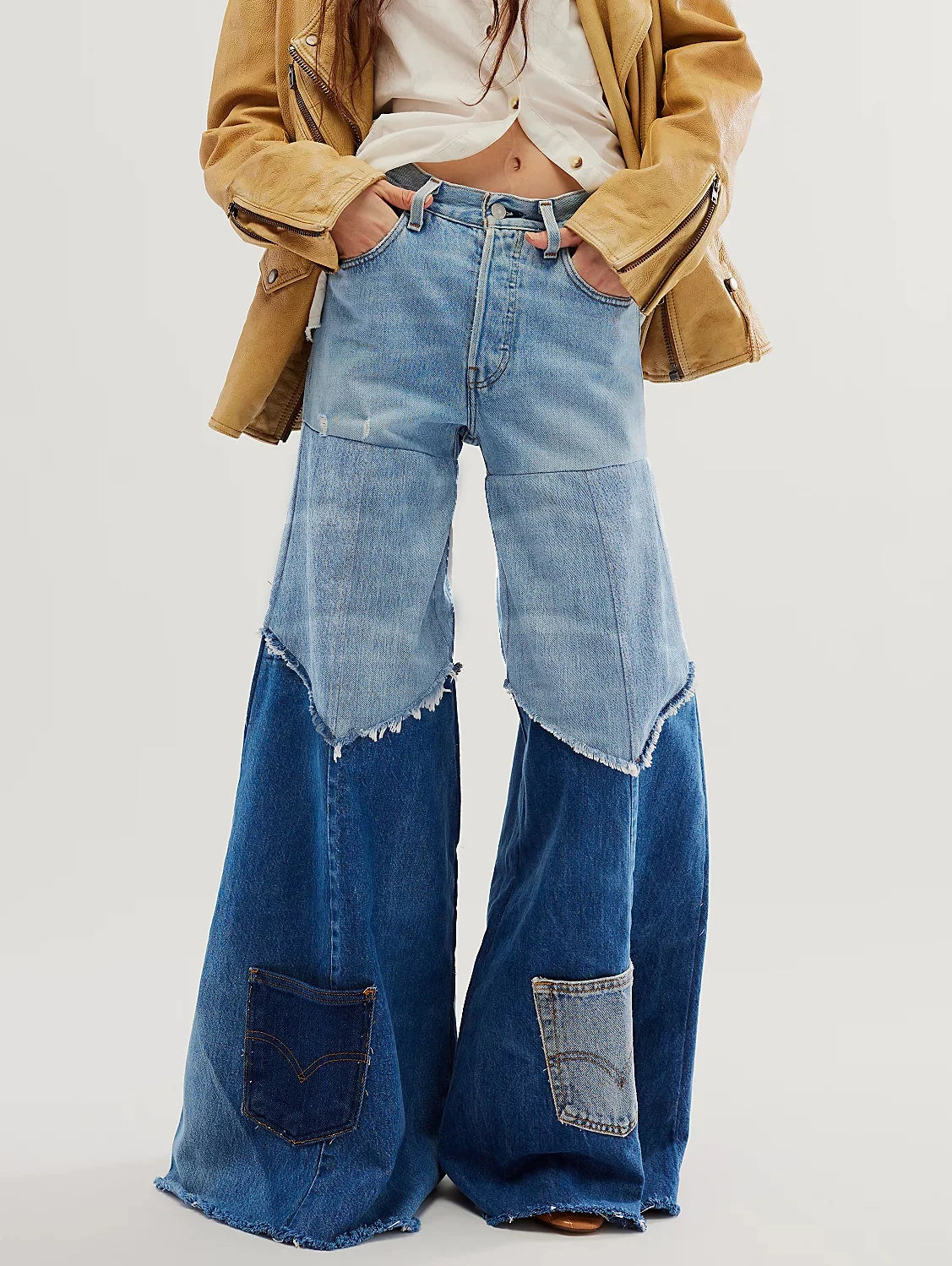Patchwork High Waist Wide Leg Denim Pants for Women | Rianna Blue