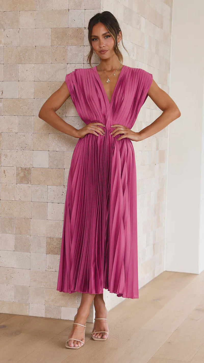 Pleated Maxi Dress with Sleeveless V-Neck for Women | Zynara Rose Red
