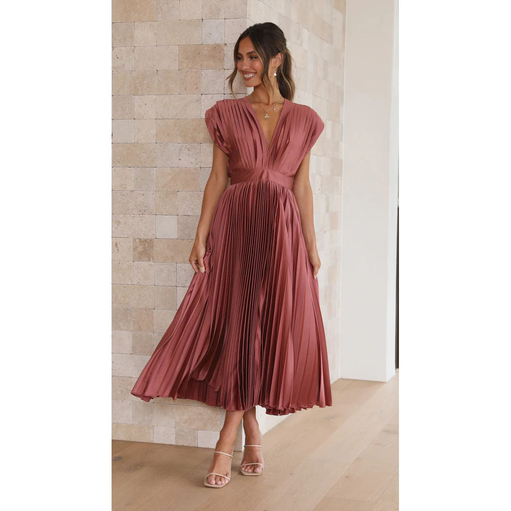 Pleated Maxi Dress with Sleeveless V-Neck for Women | Zynara Red