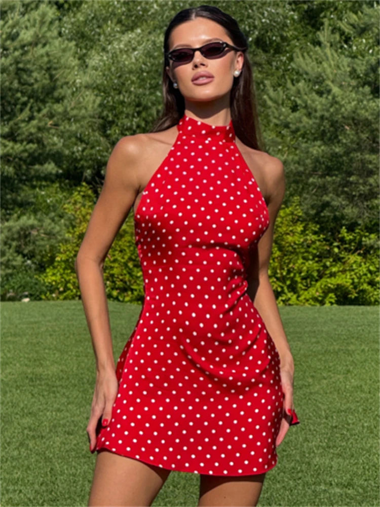 Polka Dot Halter Mini Dress for Women | Blifanbo Red