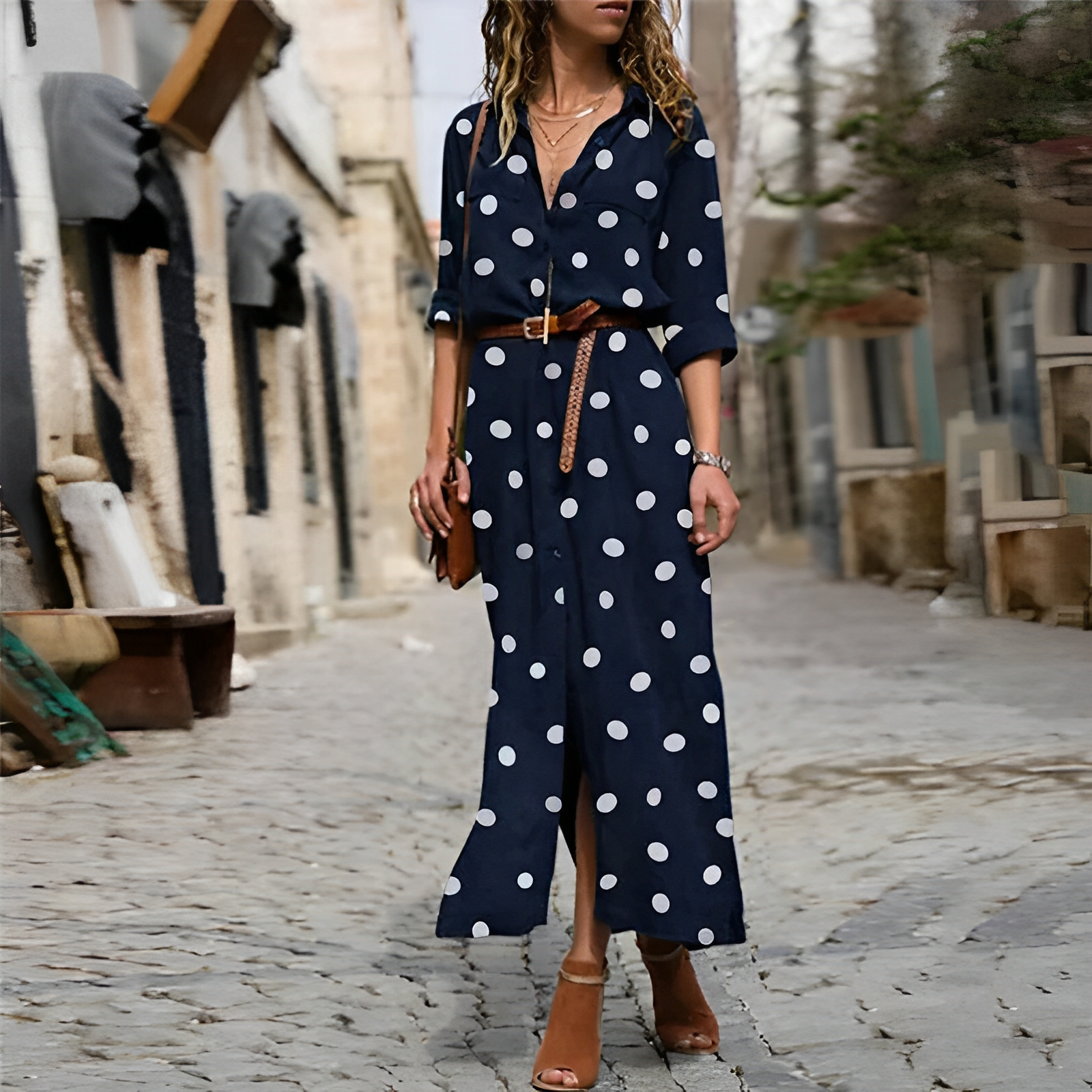 Polka Dot Maxi Dress For Women | Liora Marine Blue