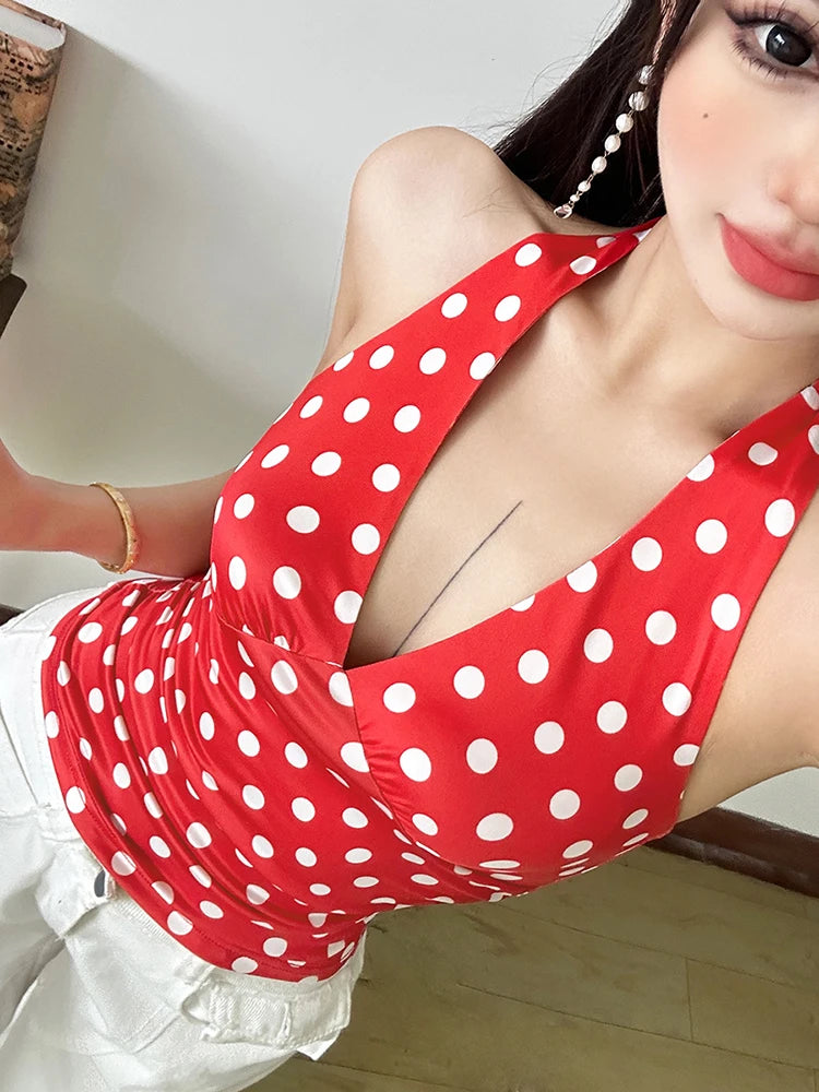 Polka Dot Print Halter Top For Women | Liraya Red