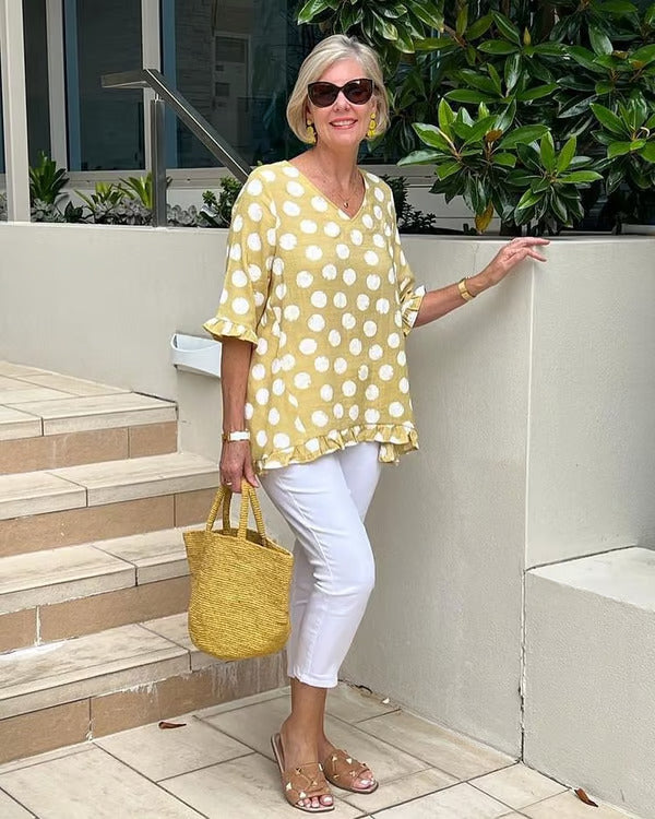 Polka Dot V-Neck Top For Women | Lirena Yellow