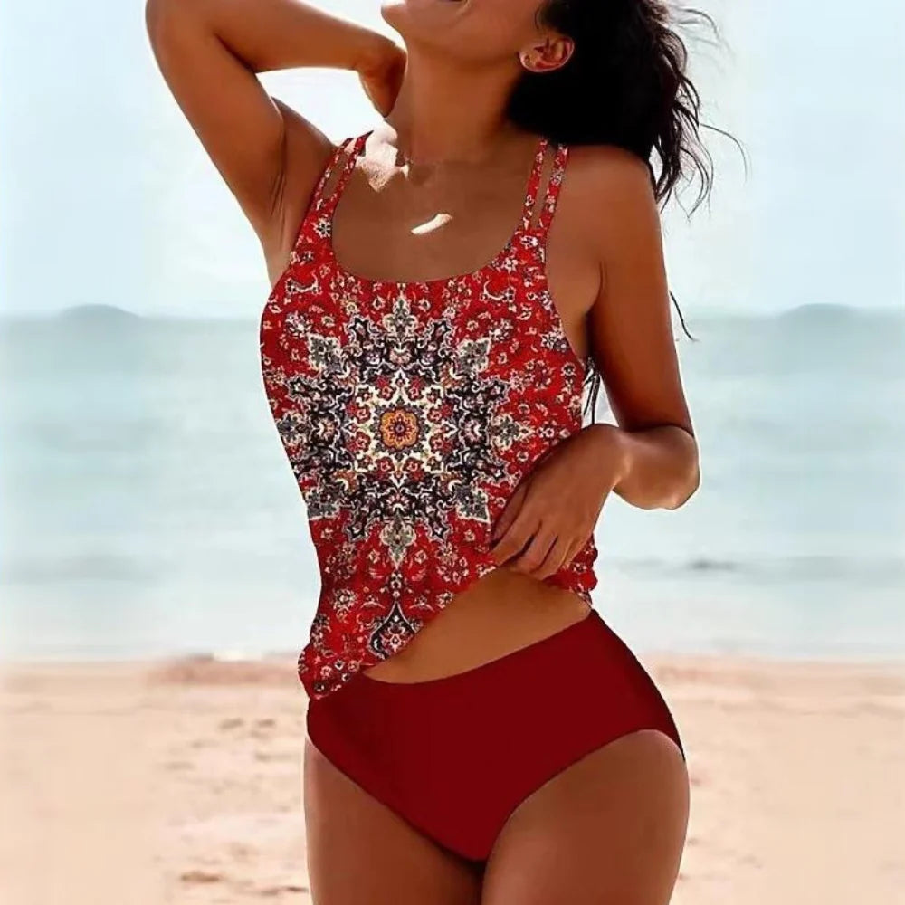 Printed Tankini with Double Straps for Women | Ohana Red