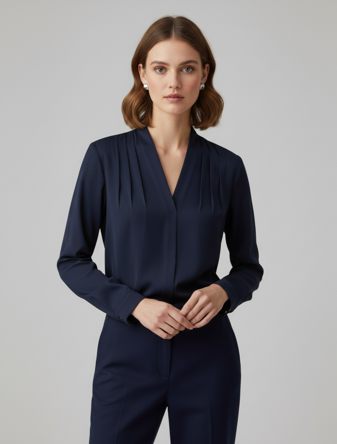 Puffa | Puff Sleeve Satin Blouse Tailored Waist Navy Blue