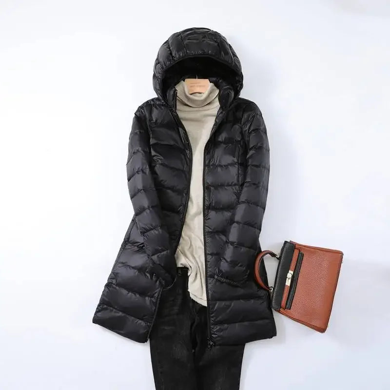 Long Hooded Puffer Jacket Lightweight Design for Women | Rebecca Black