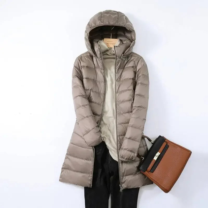 Long Hooded Puffer Jacket Lightweight Design for Women | Rebecca Khaki