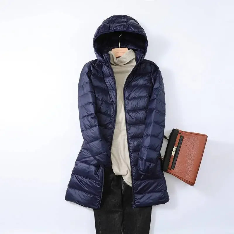 Long Hooded Puffer Jacket Lightweight Design for Women | Rebecca Navy Blue