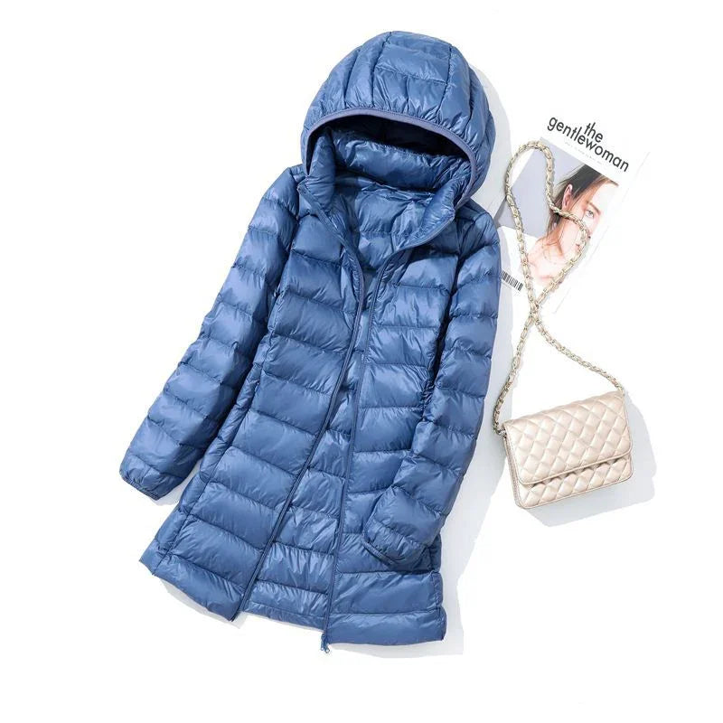 Long Hooded Puffer Jacket Lightweight Design for Women | Rebecca