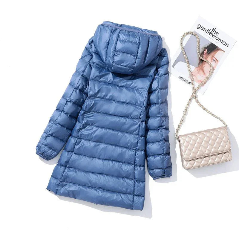 Long Hooded Puffer Jacket Lightweight Design for Women | Rebecca