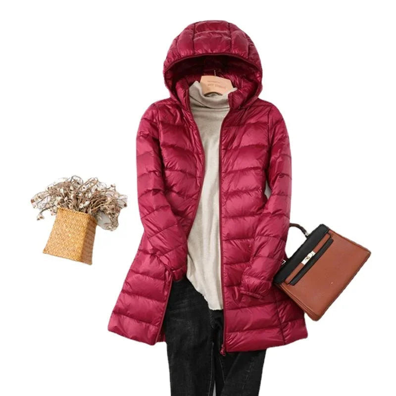 Long Hooded Puffer Jacket Lightweight Design for Women | Rebecca Wine Red