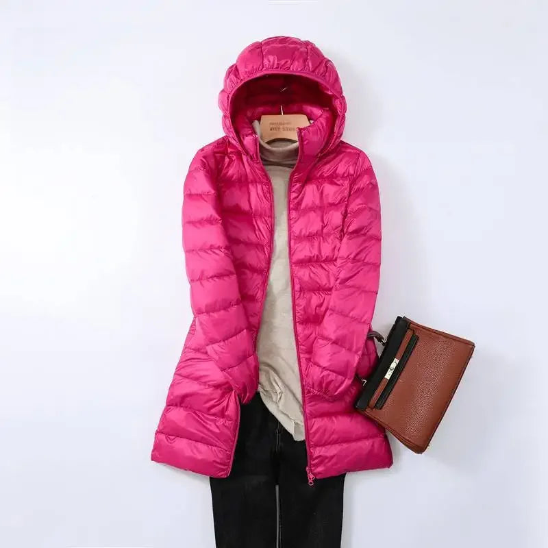 Long Hooded Puffer Jacket Lightweight Design for Women | Rebecca Rose Red