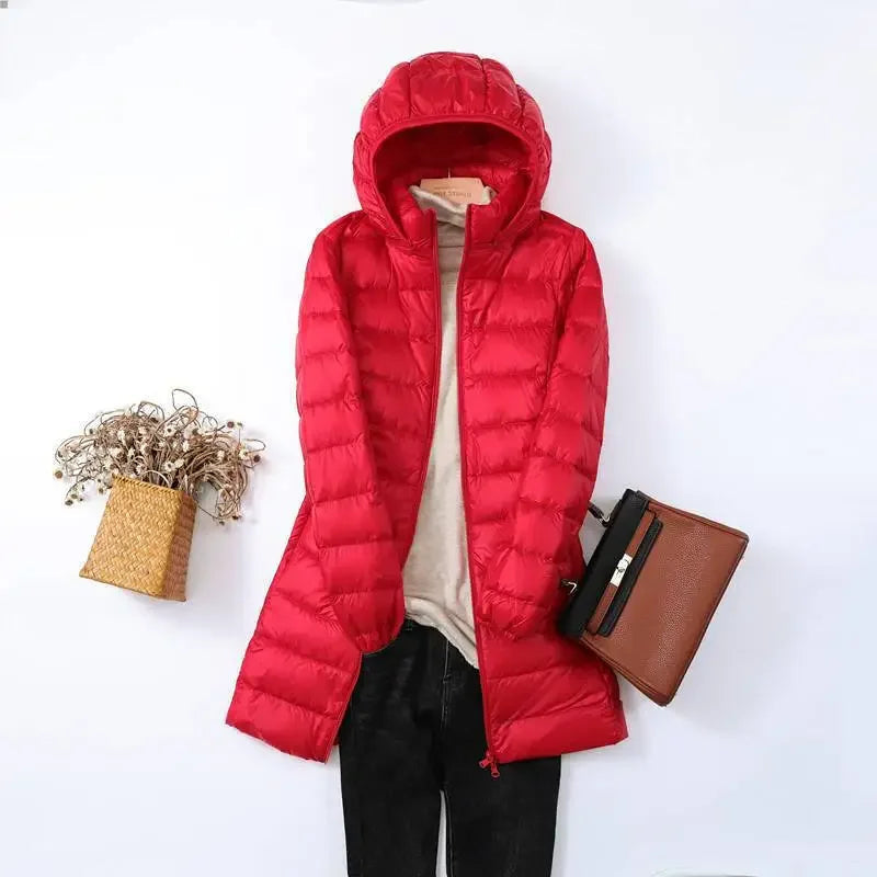 Long Hooded Puffer Jacket Lightweight Design for Women | Rebecca Red