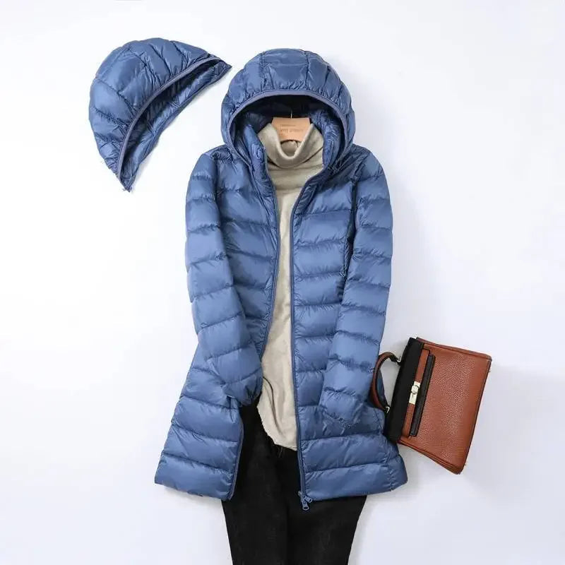 Long Hooded Puffer Jacket Lightweight Design for Women | Rebecca Haze Blue