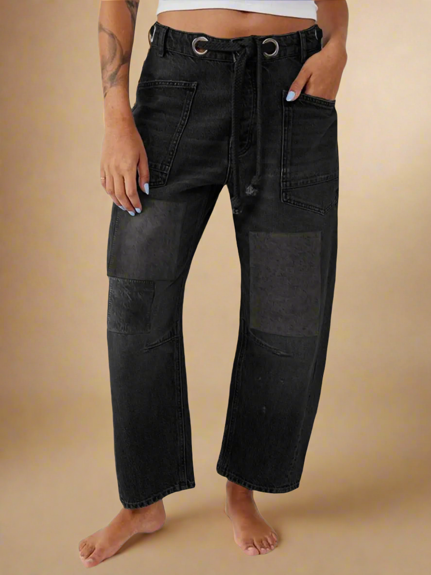 Relaxed Denim Pants with Adjustable Drawcord for Women | Thea Black