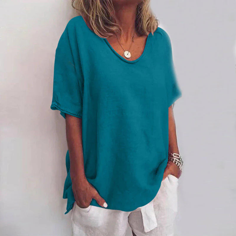 Relaxed Linen-Blend Short Sleeve Top for Women | Jona Teal