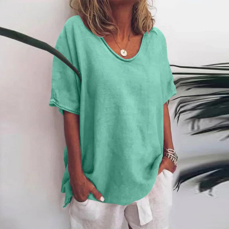 Relaxed Linen-Blend Short Sleeve Top for Women | Jona Green