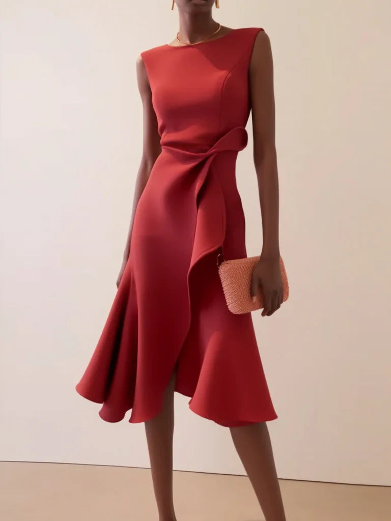 Rivora | Sleeveless Ruffle Midi Cocktail Red Dress Red