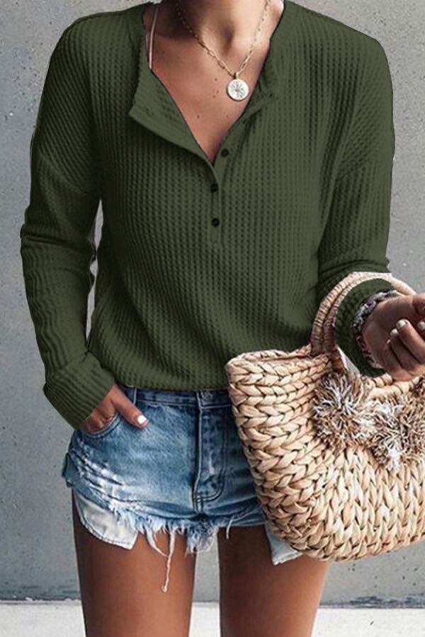 Rowyn – Casual Waffle-Knit Henley Green
