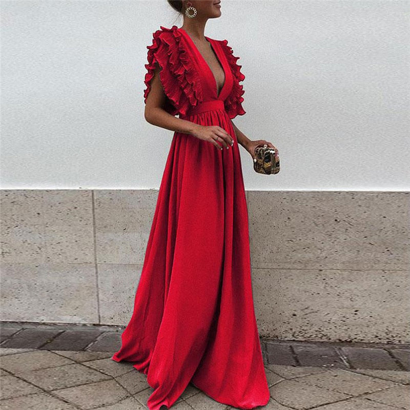 Ruffle Sleeve Maxi Dress for Women | Anovia Red